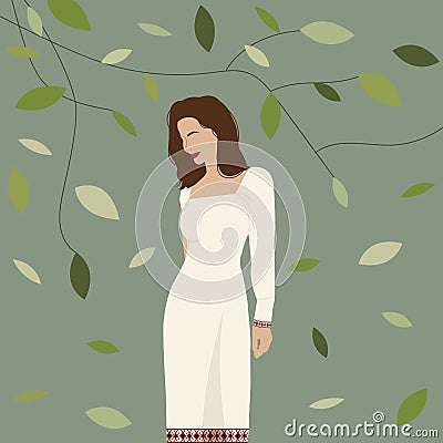 Flat illustration with brunette woman in white dress with red ethnic slavic ornament on sleeves and edge of dress Cartoon Illustration